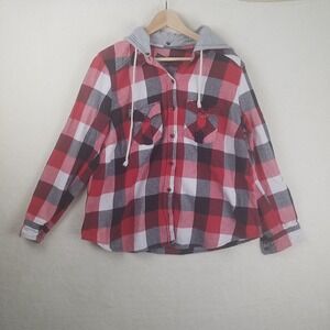 Forever 21 Plus Size 1X Red Black White Plaid Flannel Hoodie Shirt detachable